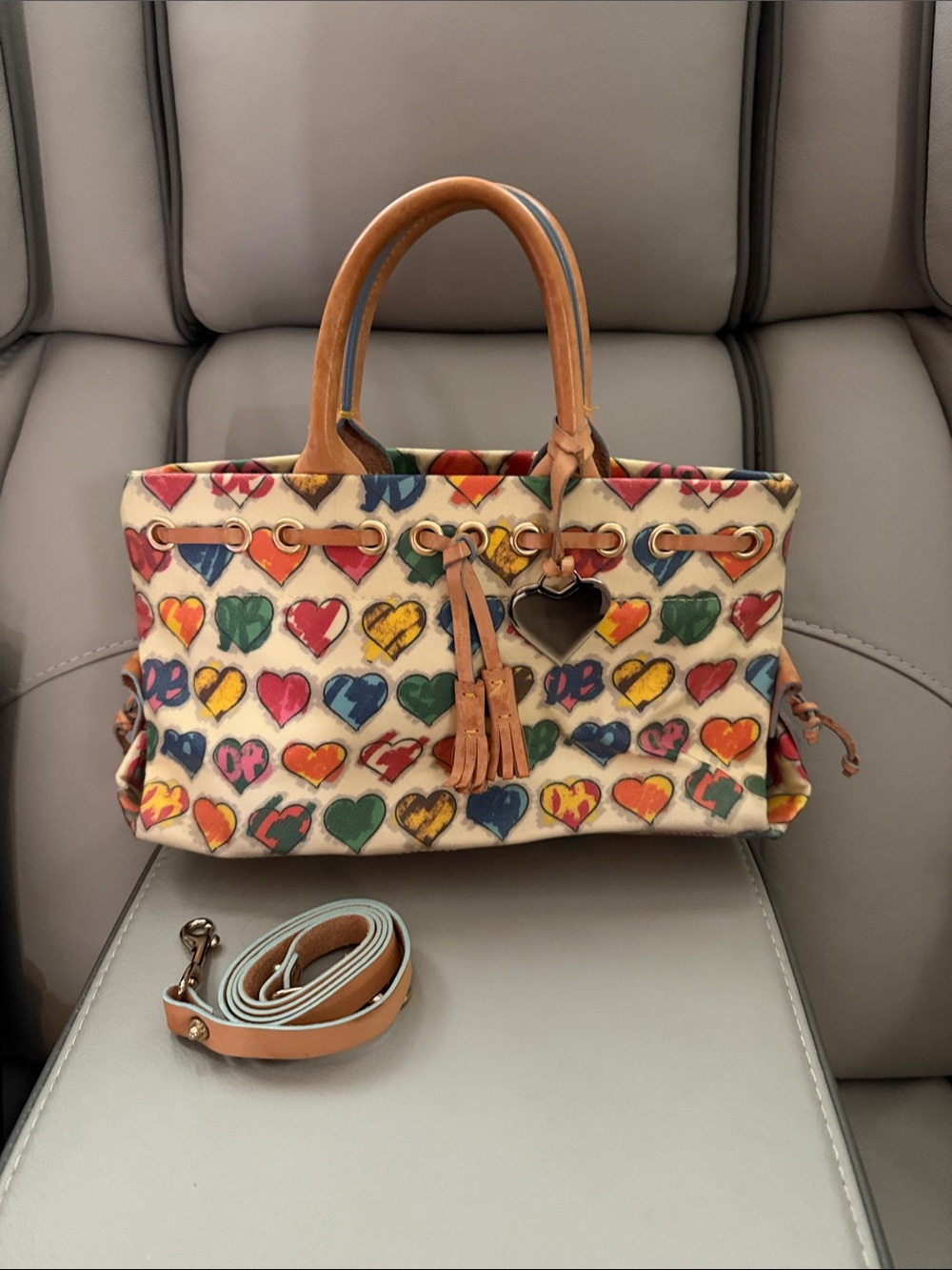 Dooney & Bourke Multicolor Heart Print Canvas Tote with Tan Leather Trim